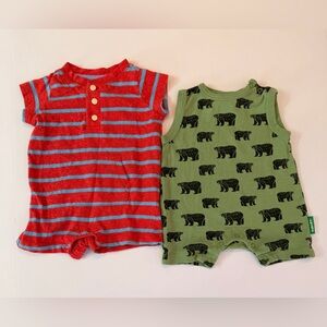 Primary Red and Blue Striped (0-3) and Parade green bear (3-6) romper bundle